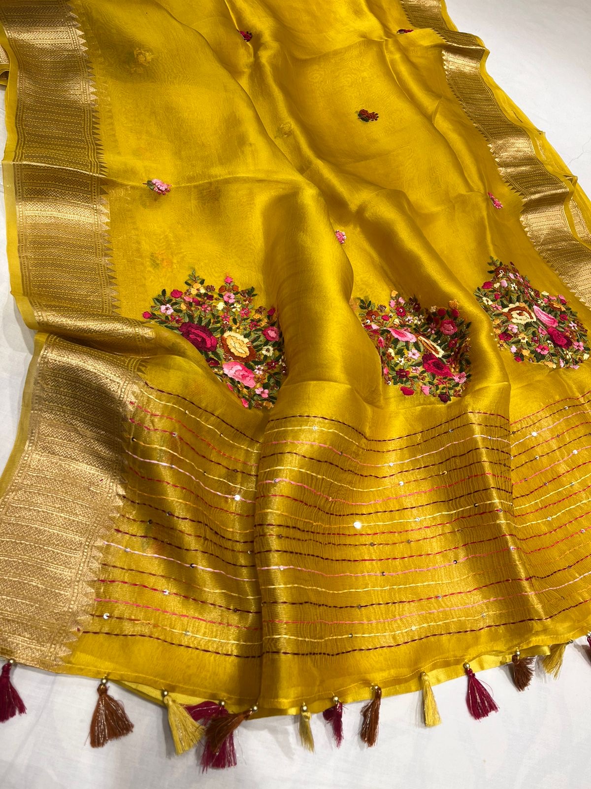 Organza French knot saree Zari border saree Partywear sari SaffronFashion