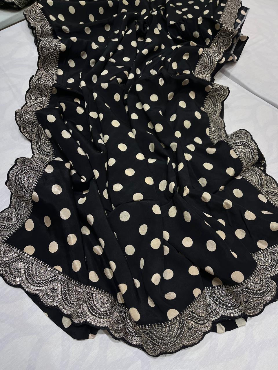 Retro inspired printed Saree Handwork border saree - Saffronfashionindia