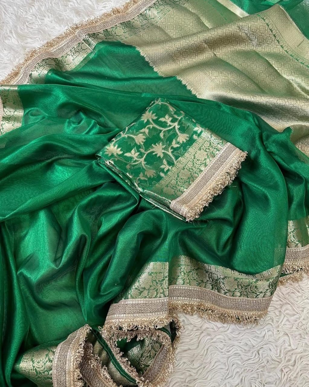 Green sari Banarsi soft tissue saree beautiful sari blouse SaffronFashion