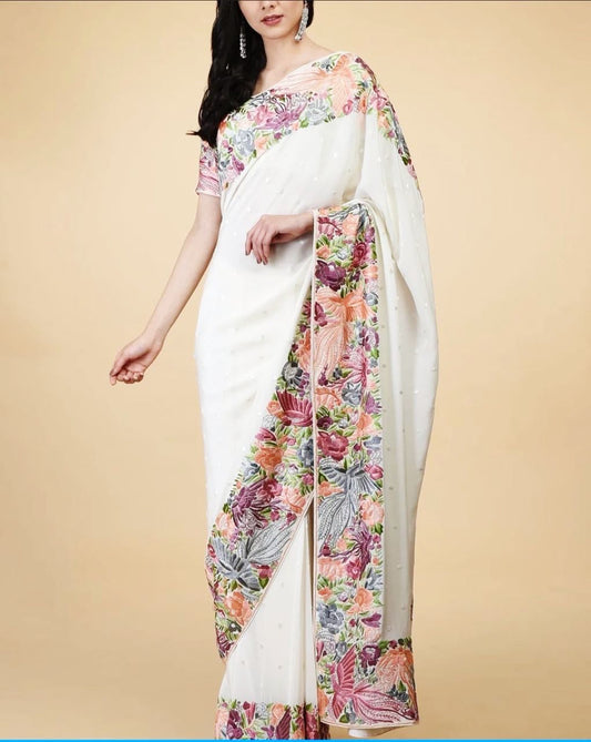 White Authentic Parsi Saree Parsi Gara Saree Traditional Sari - Saffronfashionindia