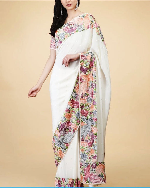 White Authentic Parsi Saree Parsi Gara Saree Traditional Sari