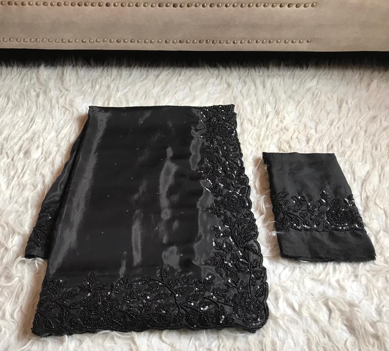 Celebrity inspired black satin organza saree Partywear sarees - Saffronfashionindia