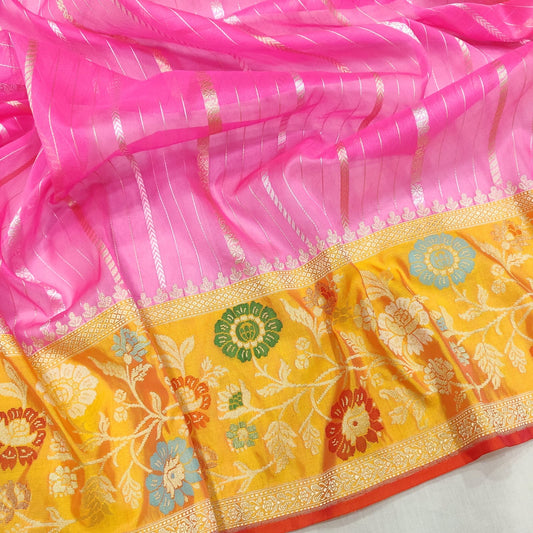 Vinia pink handwoven kadwa striped sarees - Saffronfashionindia