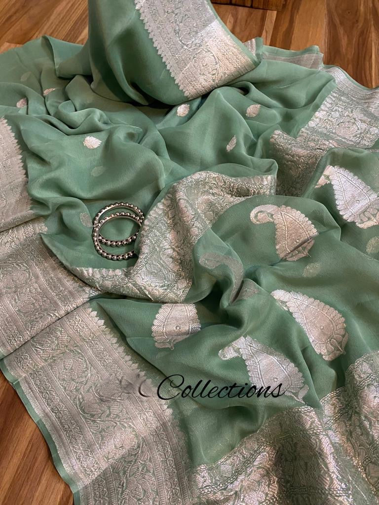 Sage green handwoven chiffon saree - Saffronfashionindia