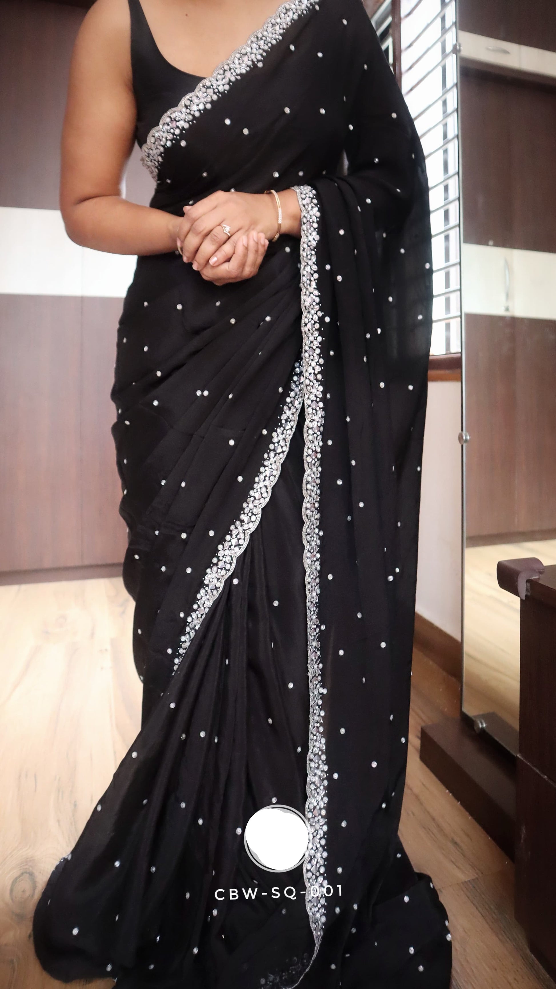 Black premium crepe silk saree partywear sarees Indian sari blouse - Saffronfashionindia