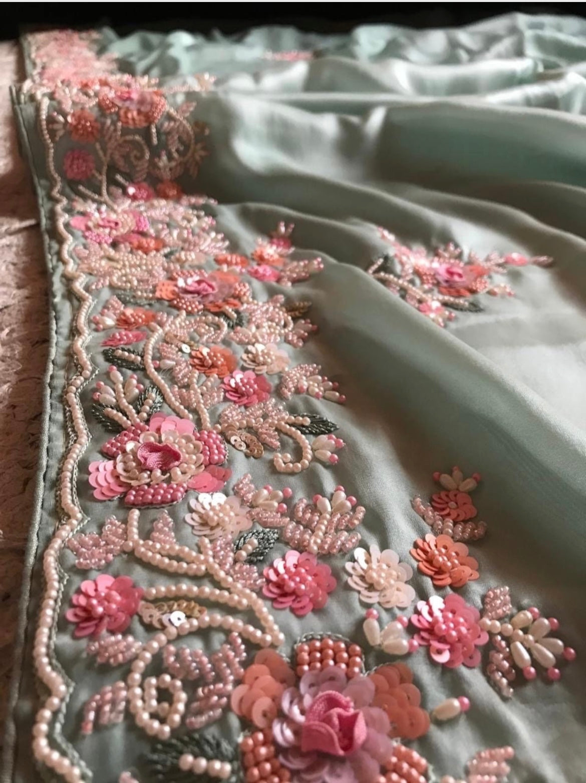 Sea green embellished satin organza saree luxury saree - Saffronfashionindia