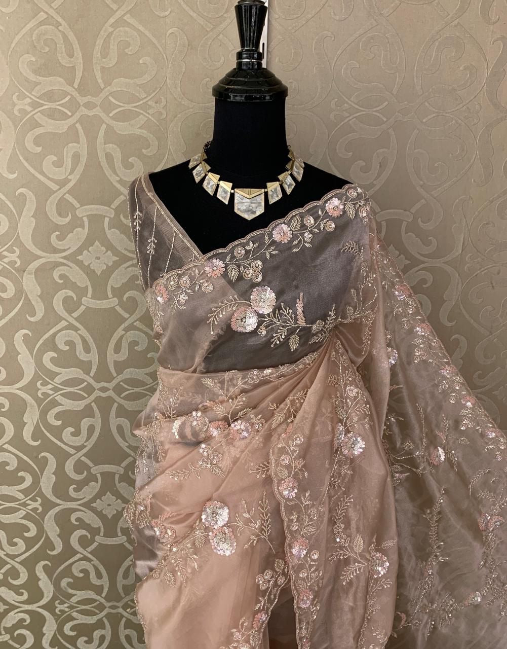 Reception saree party wear handwork sareee handmade sari blouse - Saffronfashionindia