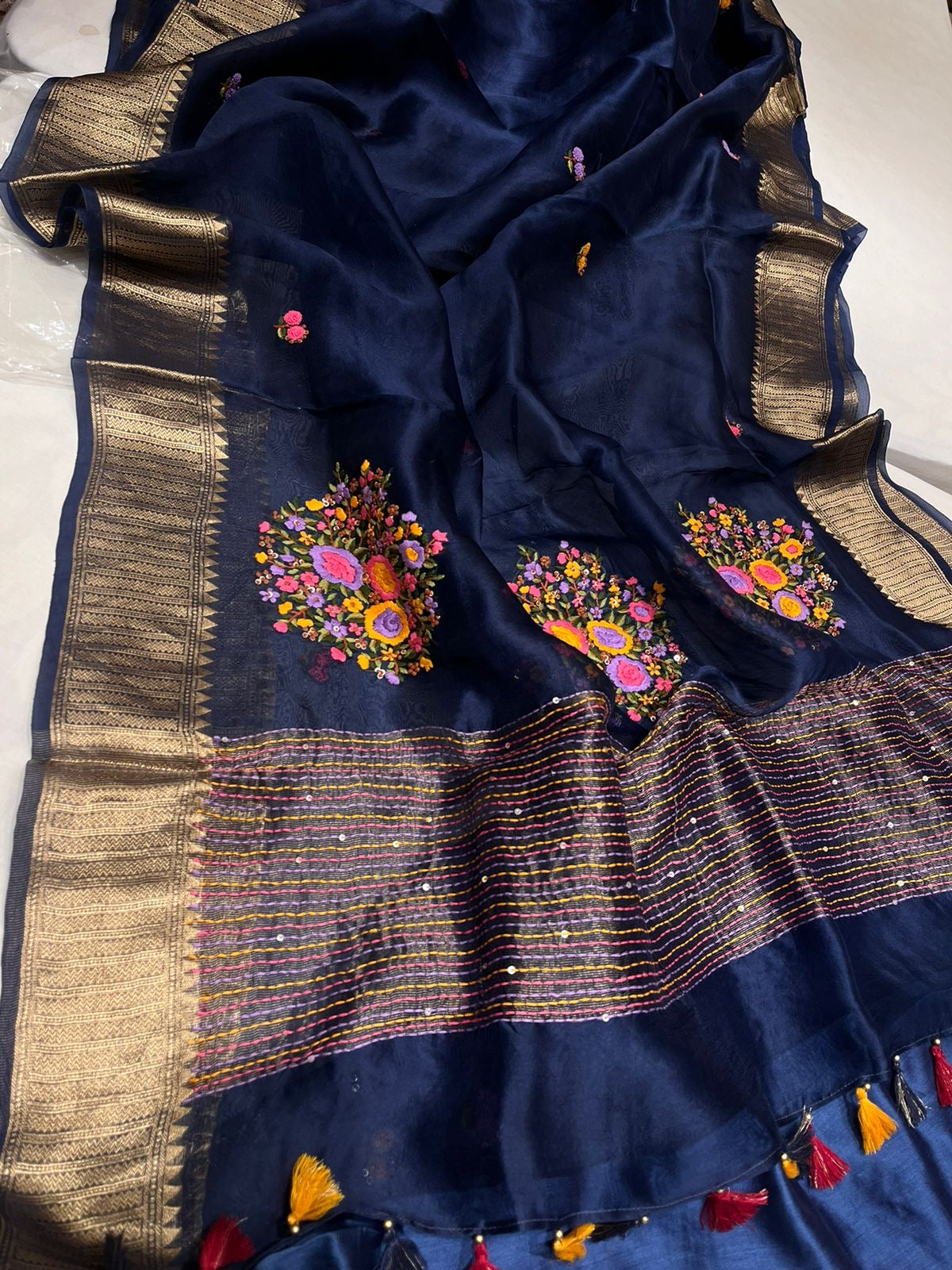 Organza French knot saree Zari border saree Partywear sari SaffronFashion