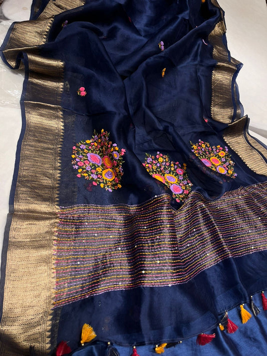 Organza French knot saree Zari border saree Partywear sari SaffronFashion