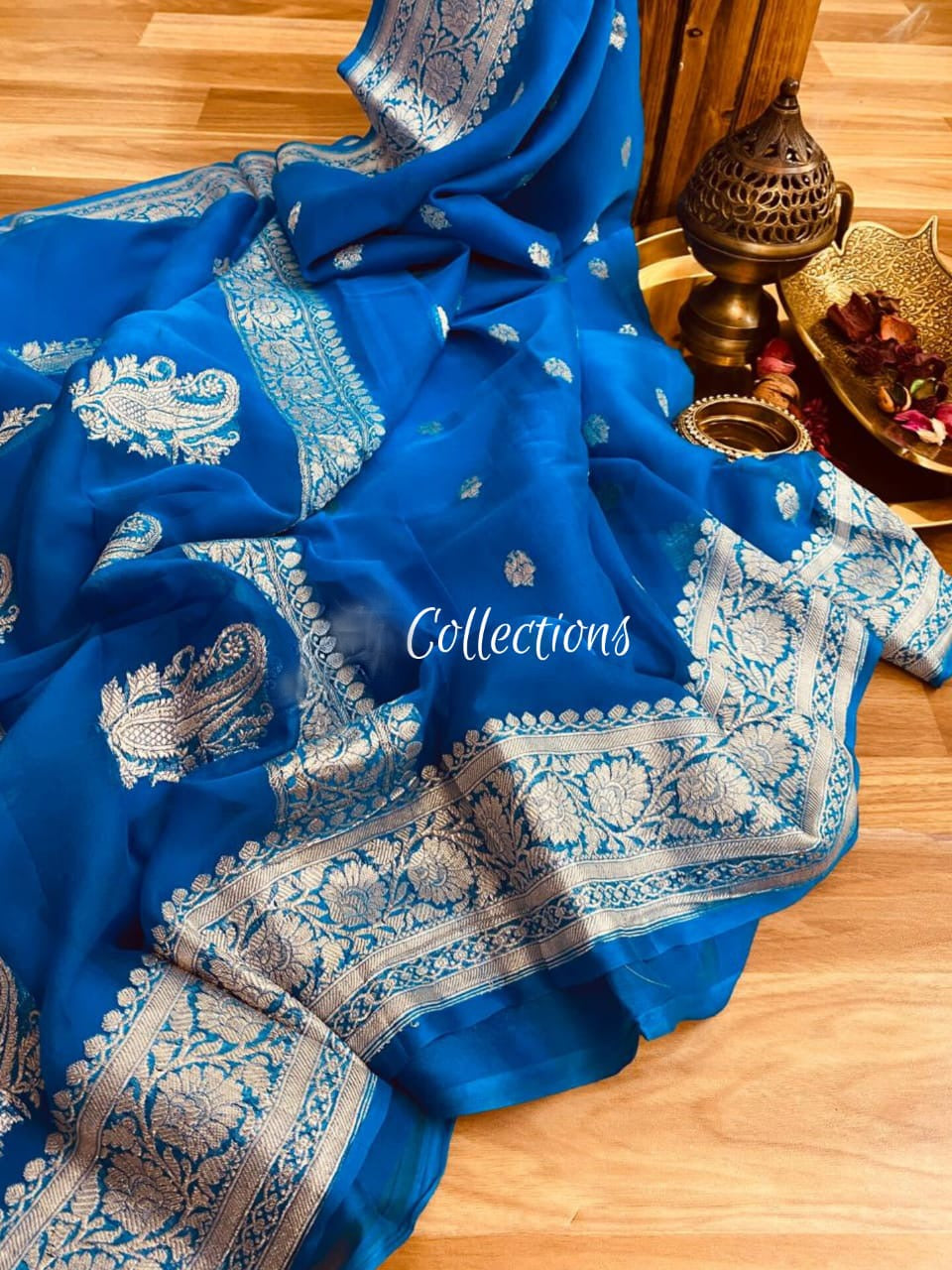 Blue Khaddi chiffon saree Indian saree blouse - Saffronfashionindia