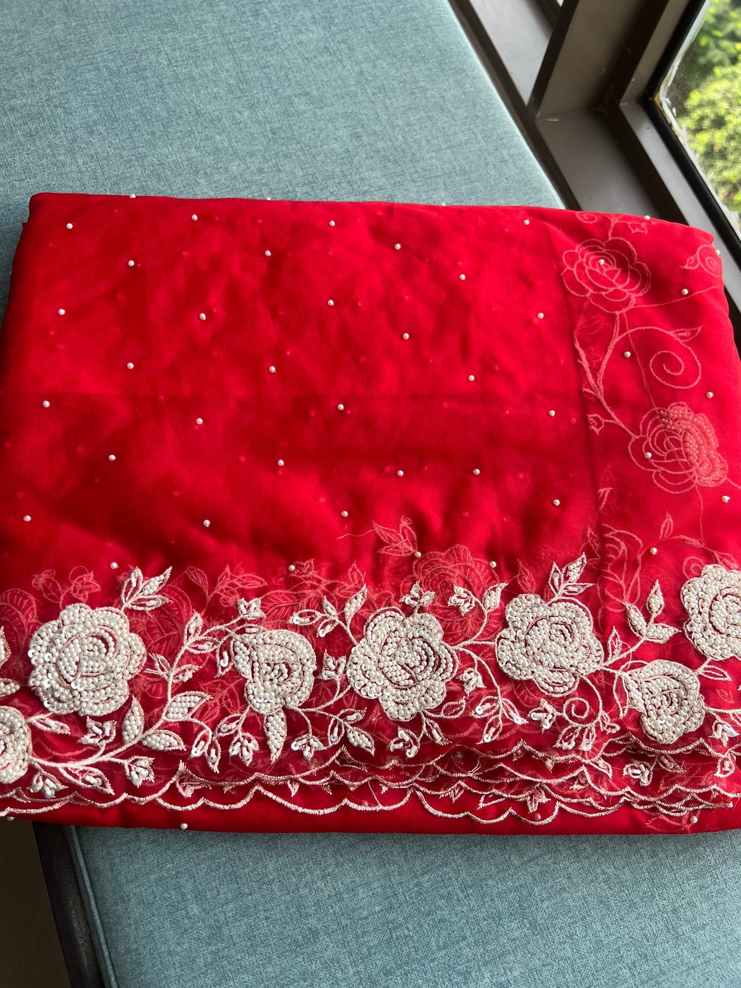 Red pearl bridal saree organza saree reception saree blouse SaffronFashion