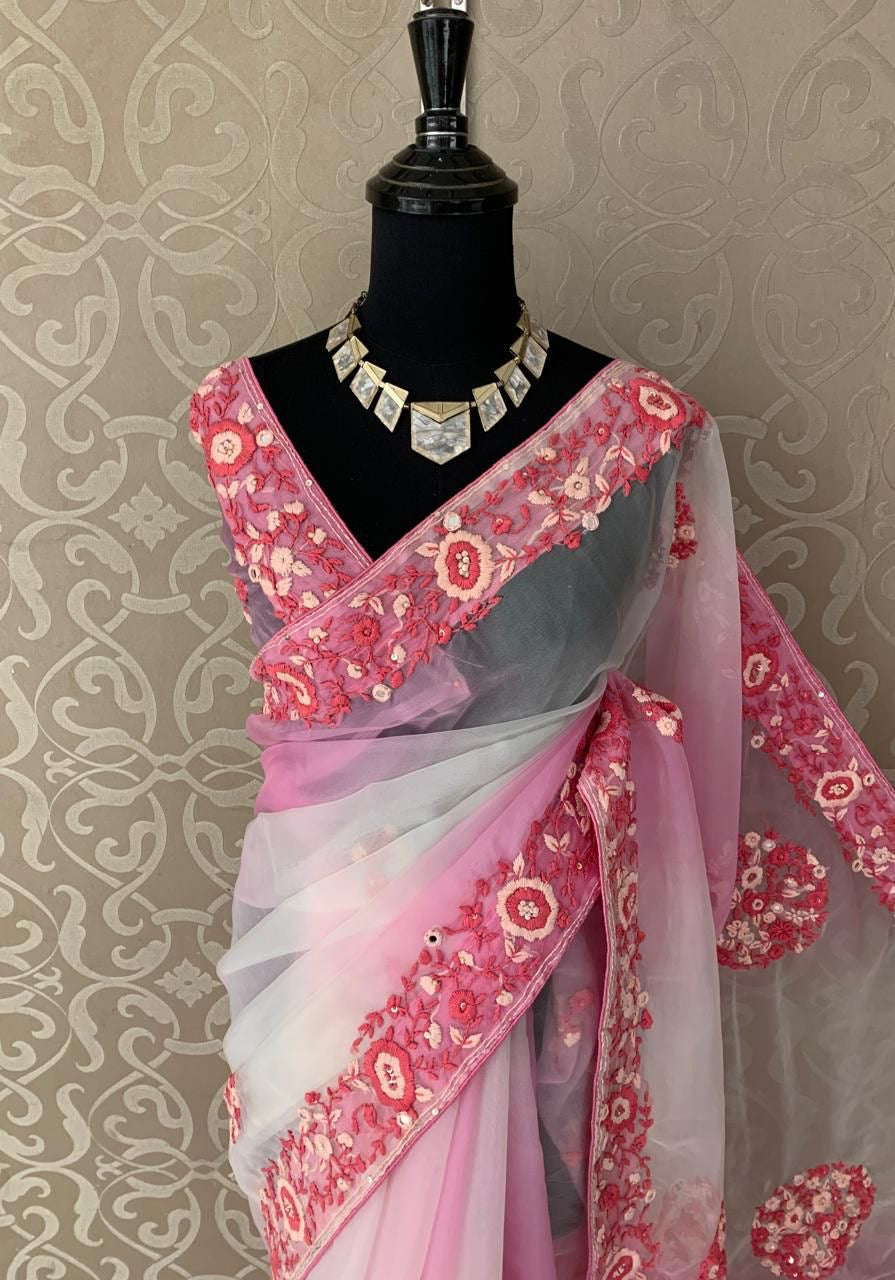 Mishika organza saree handwork saree embroidery saree blouse SaffronFashion