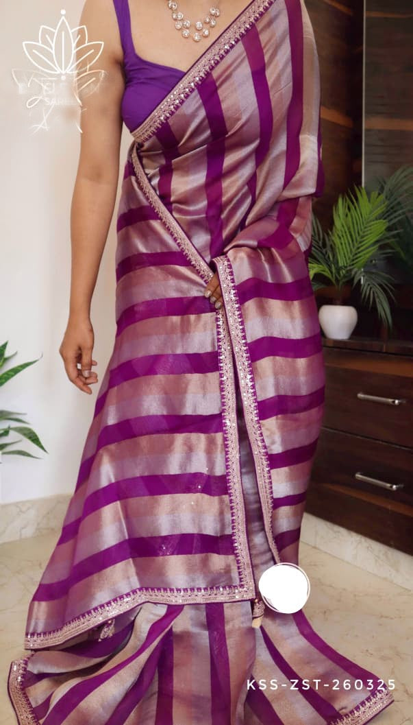 Striped Kora silk saree partywear sarees Indian sari SaffronFashion