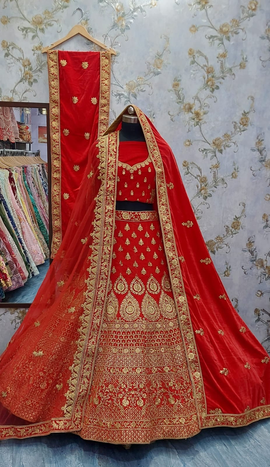 Red velvet bridal Lehangas - Saffronfashionindia