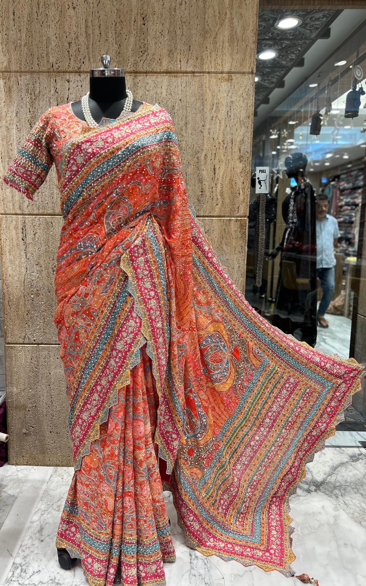 Chinon sarees handmade saree Ajrakh sari blouse Indian wedding sarees SaffronFashion