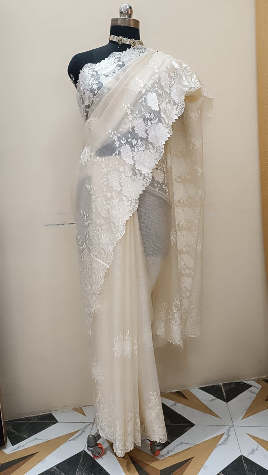 Kota Tussar Embroidery Saree Scalloped sari blouse Saffronfashionindia