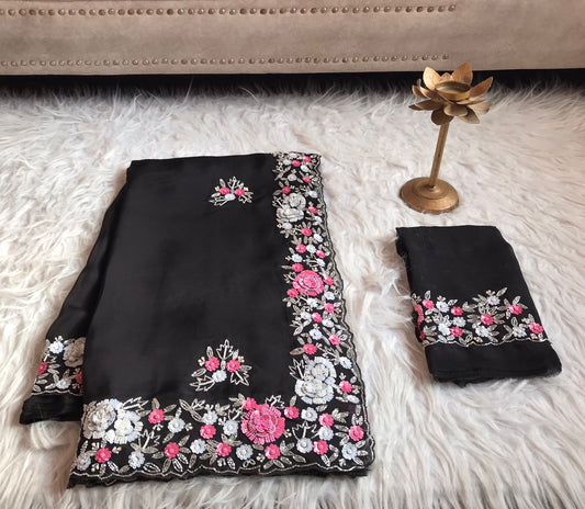 Women Saree Black Sequins Embroidered Saree - Saffronfashionindia