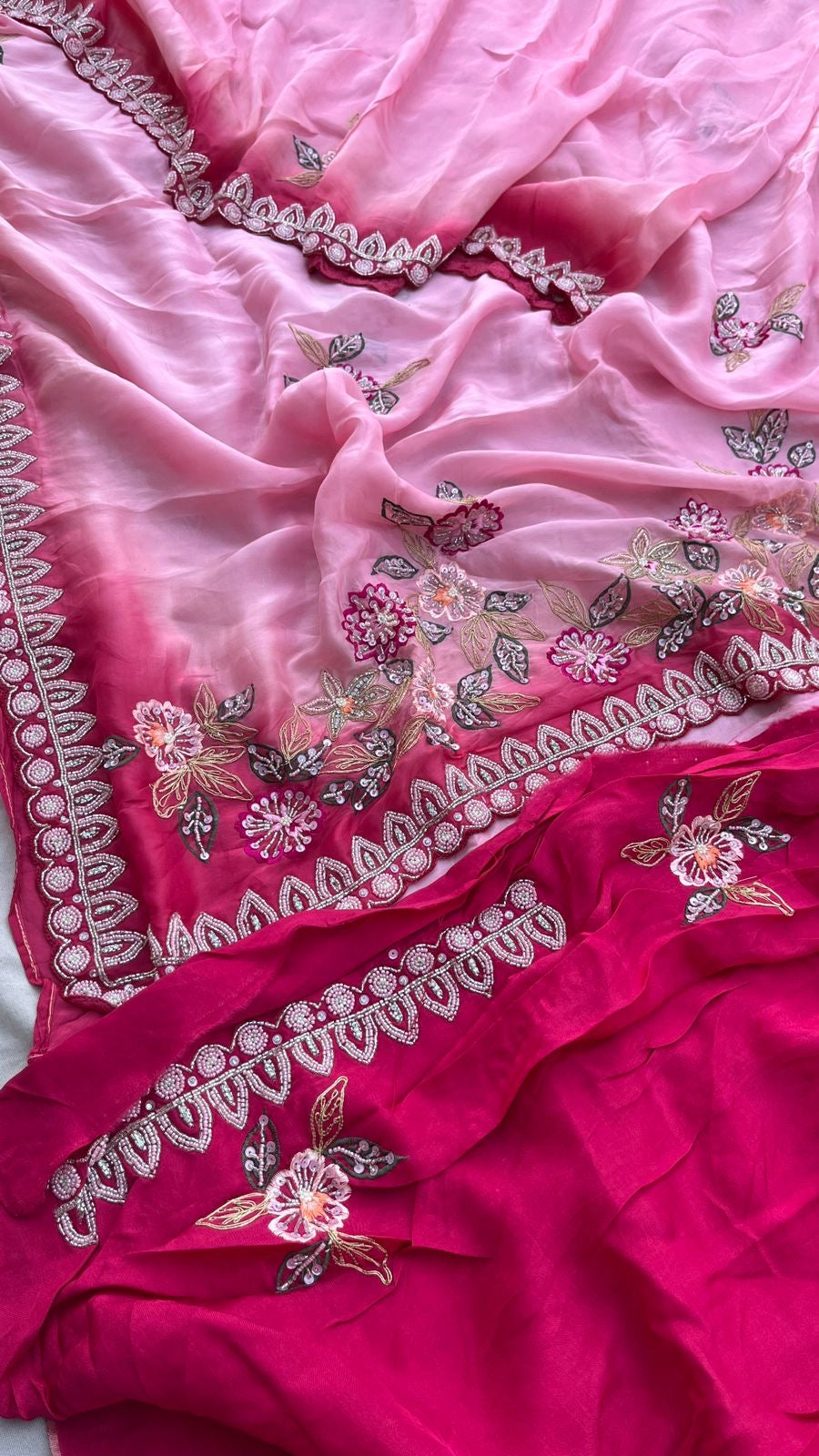 Satin Pink Pearl Organza Sarees Partywear Sarees - Saffronfashionindia