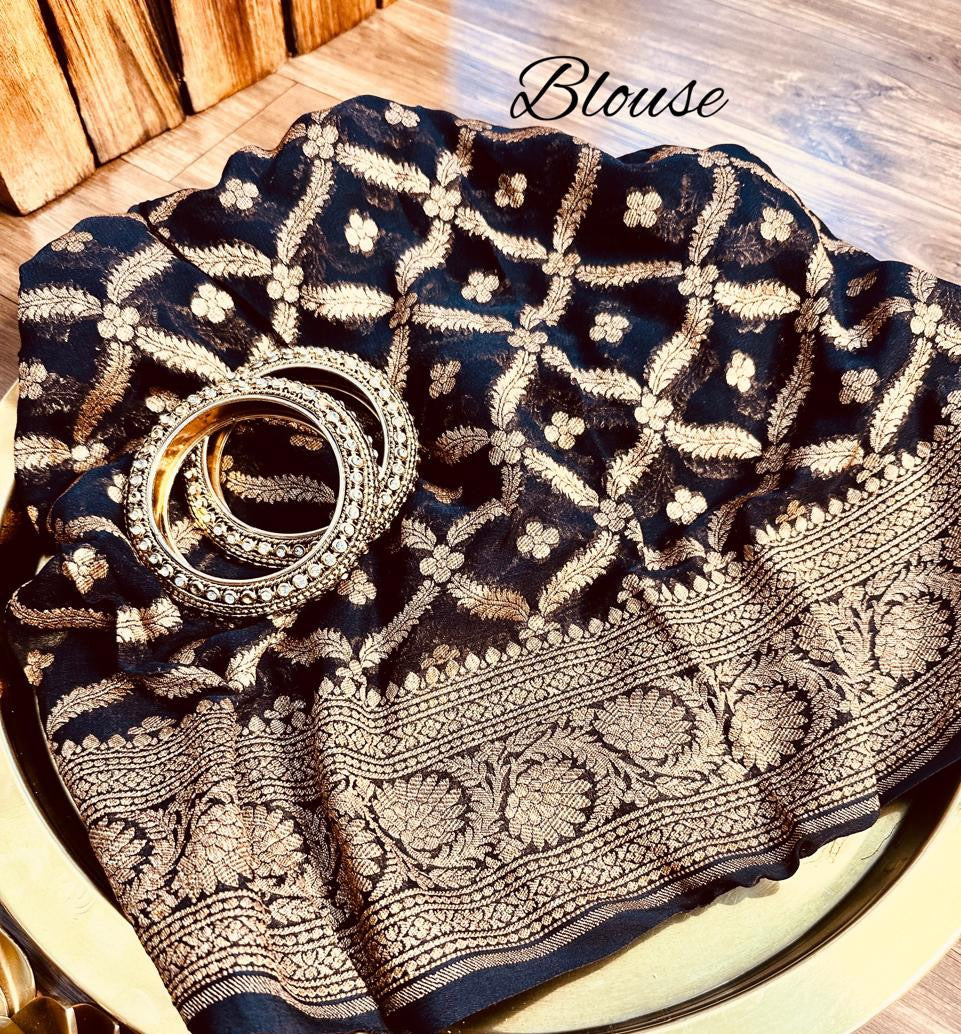 Black handwoven Khaddi Gorgette saree Indian traditional sarees - Saffronfashionindia