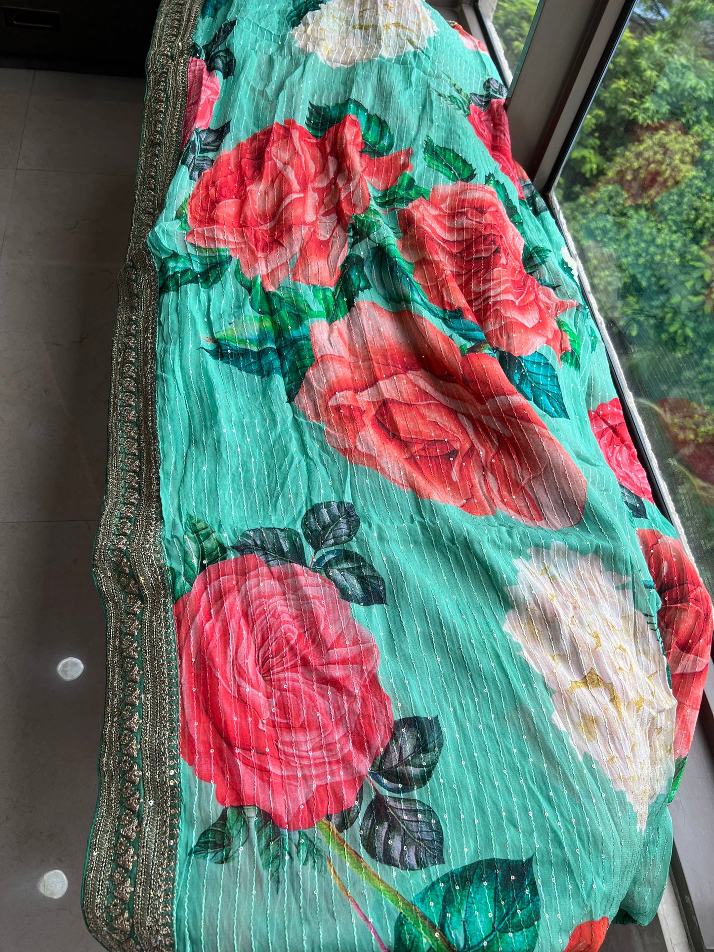 Floral elegant Gorgette saree green saree - Saffronfashionindia