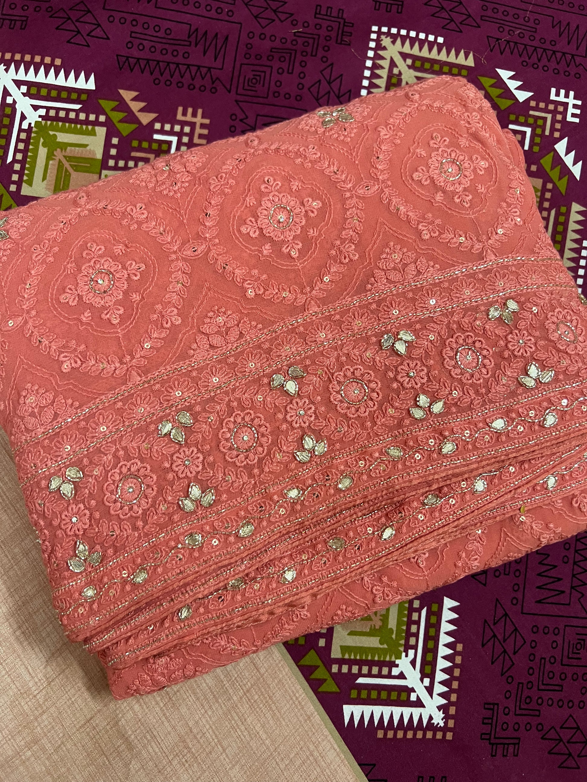 Peach Chikankari saree gorgette saree Indian saree women sari blouse - Saffronfashionindia