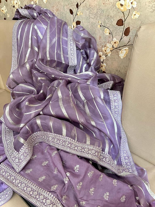 Orika organza striped trendy partywear sarees - Saffronfashionindia