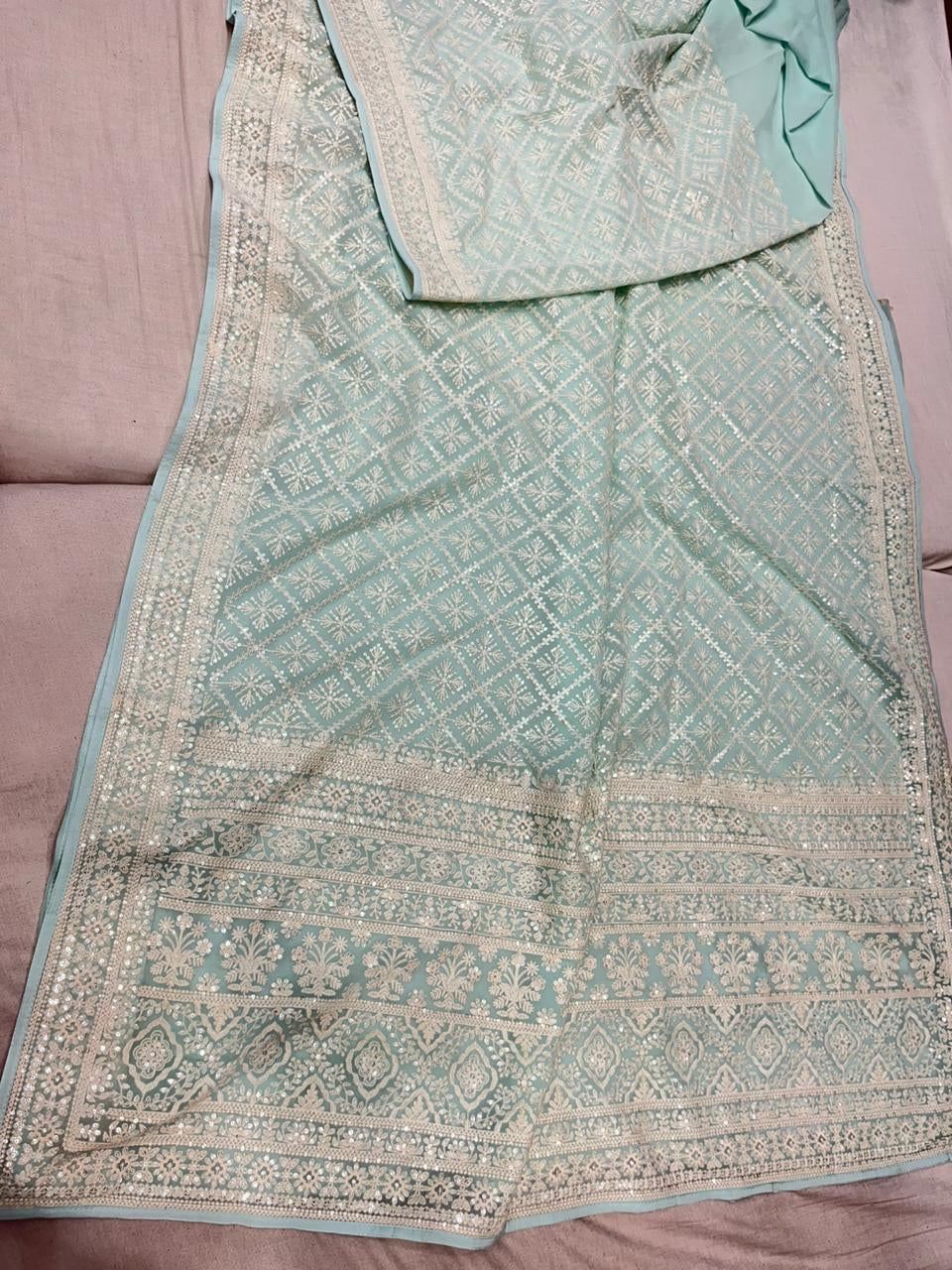 Sequins chikankari saree Indian Gorgette saree - Saffronfashionindia