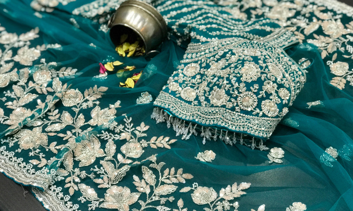 Net designer saree party wear saree’s Indian wedding saree blouse Saffronfashionindia