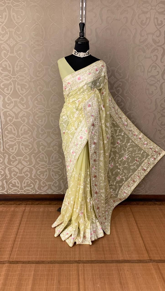 Ruhi Chikankari saree Gorgette saree Indian saree SaffronFashion