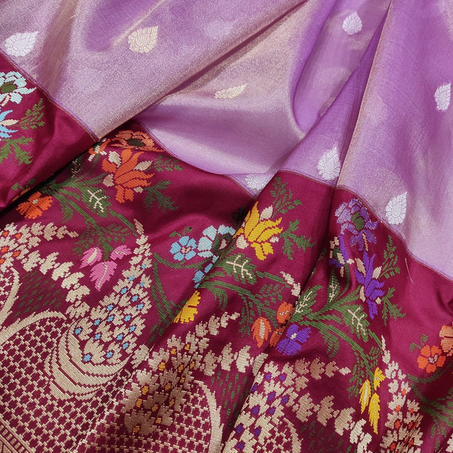 Lavender tissue saree Zari buries handwoven sarees - Saffronfashionindia