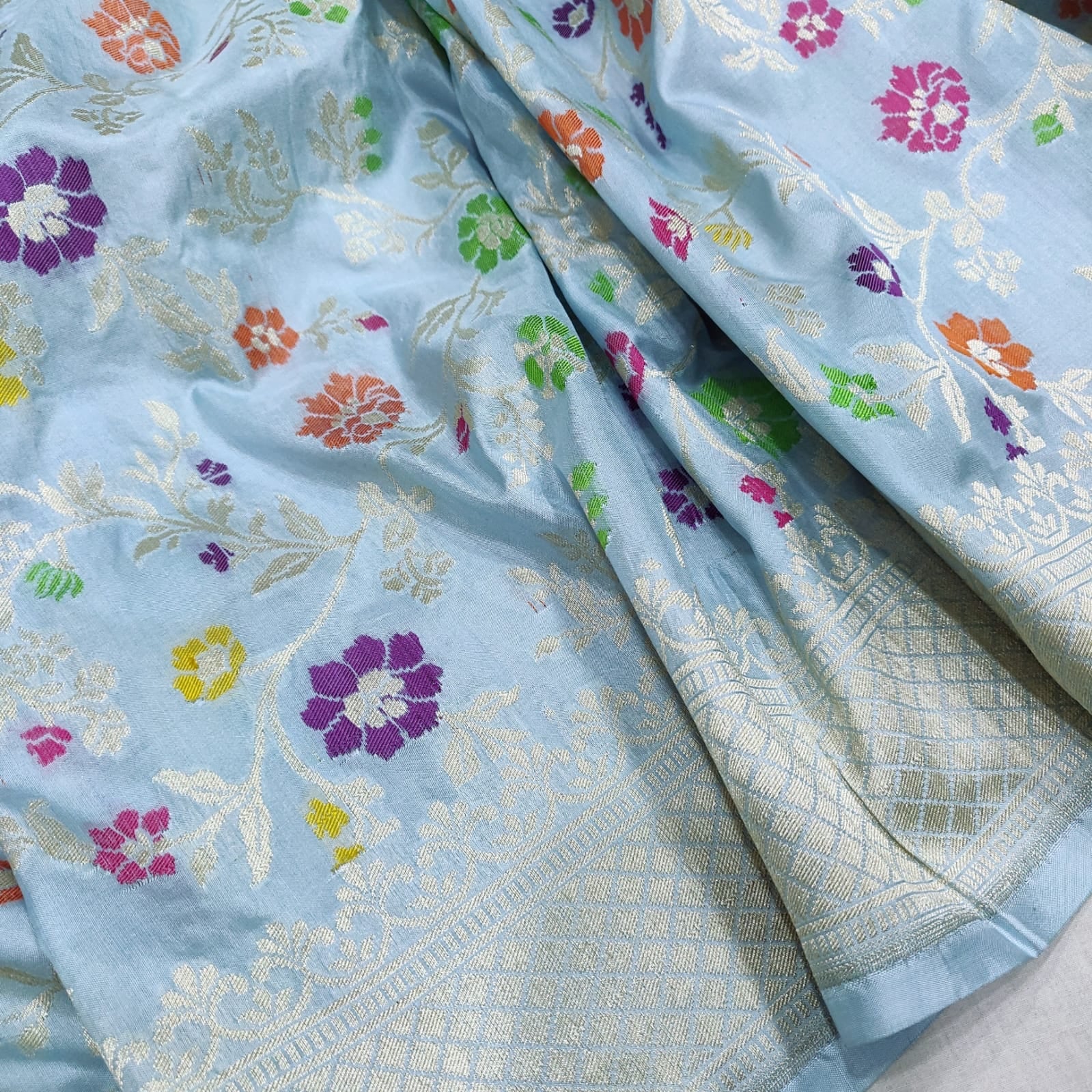 Aasmani Katan handwoven sarees - Saffronfashionindia