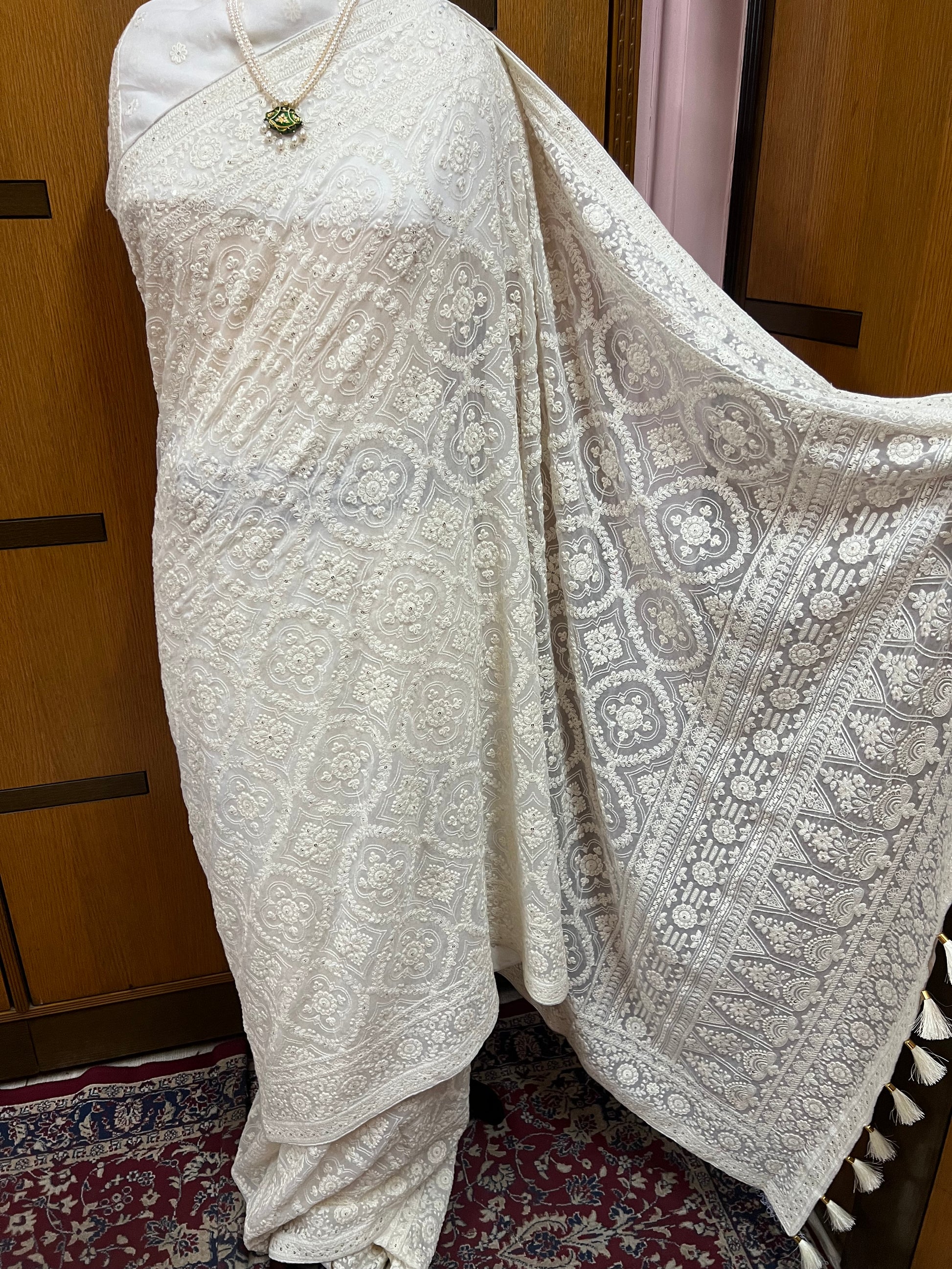 White Chikankari Saree Gorgette Sarees - Saffronfashionindia