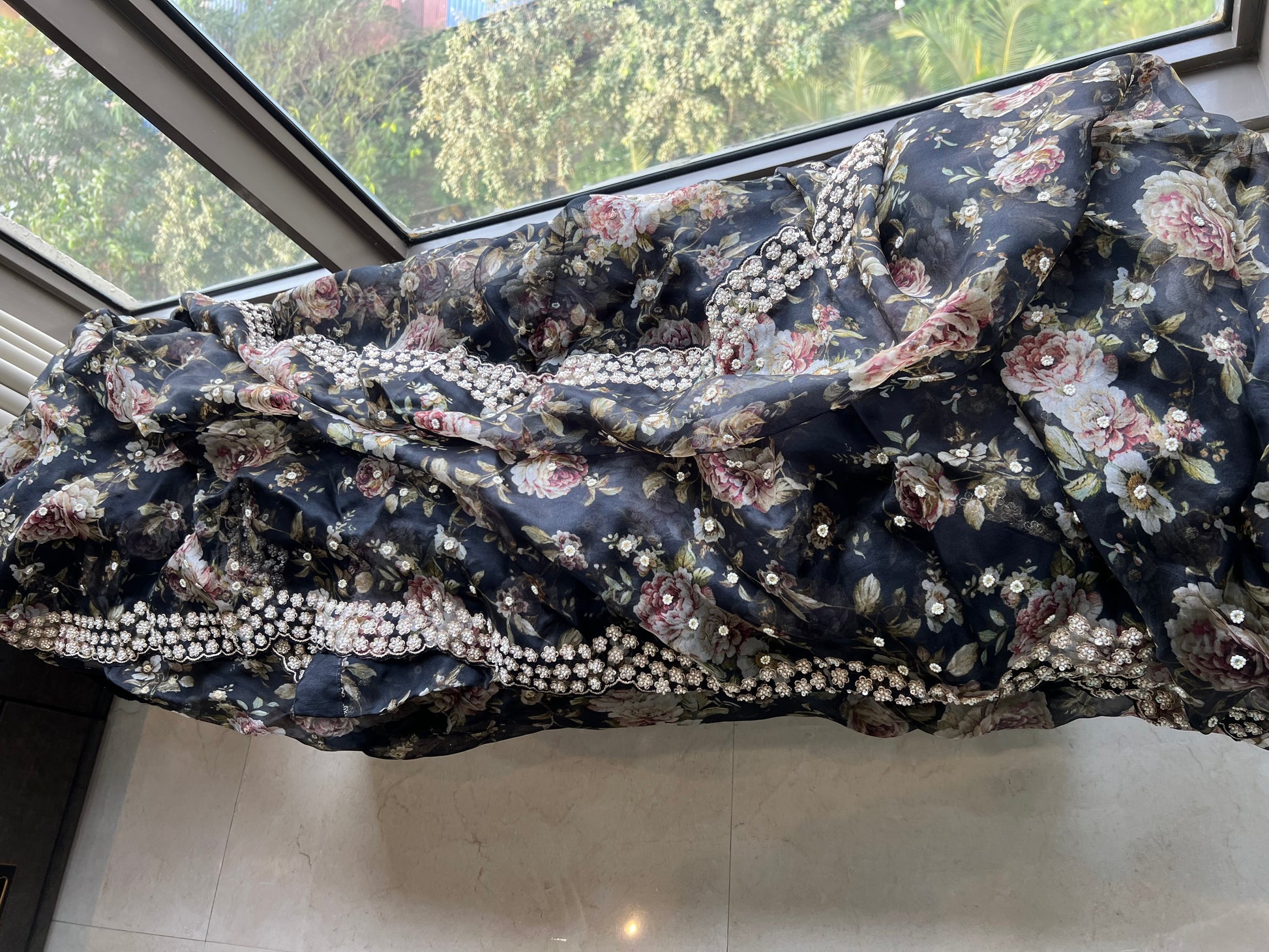 Black floral saree Organza saree Indian sari blouse - Saffronfashionindia