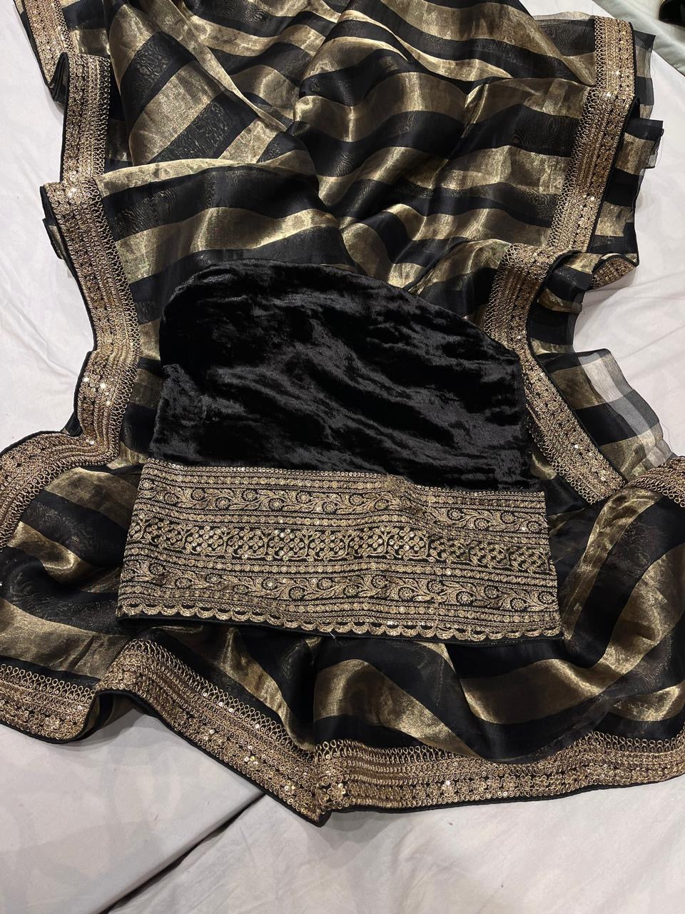 Striped Organza saree velvet blouse stylish saree women girlish sari - Saffronfashionindia