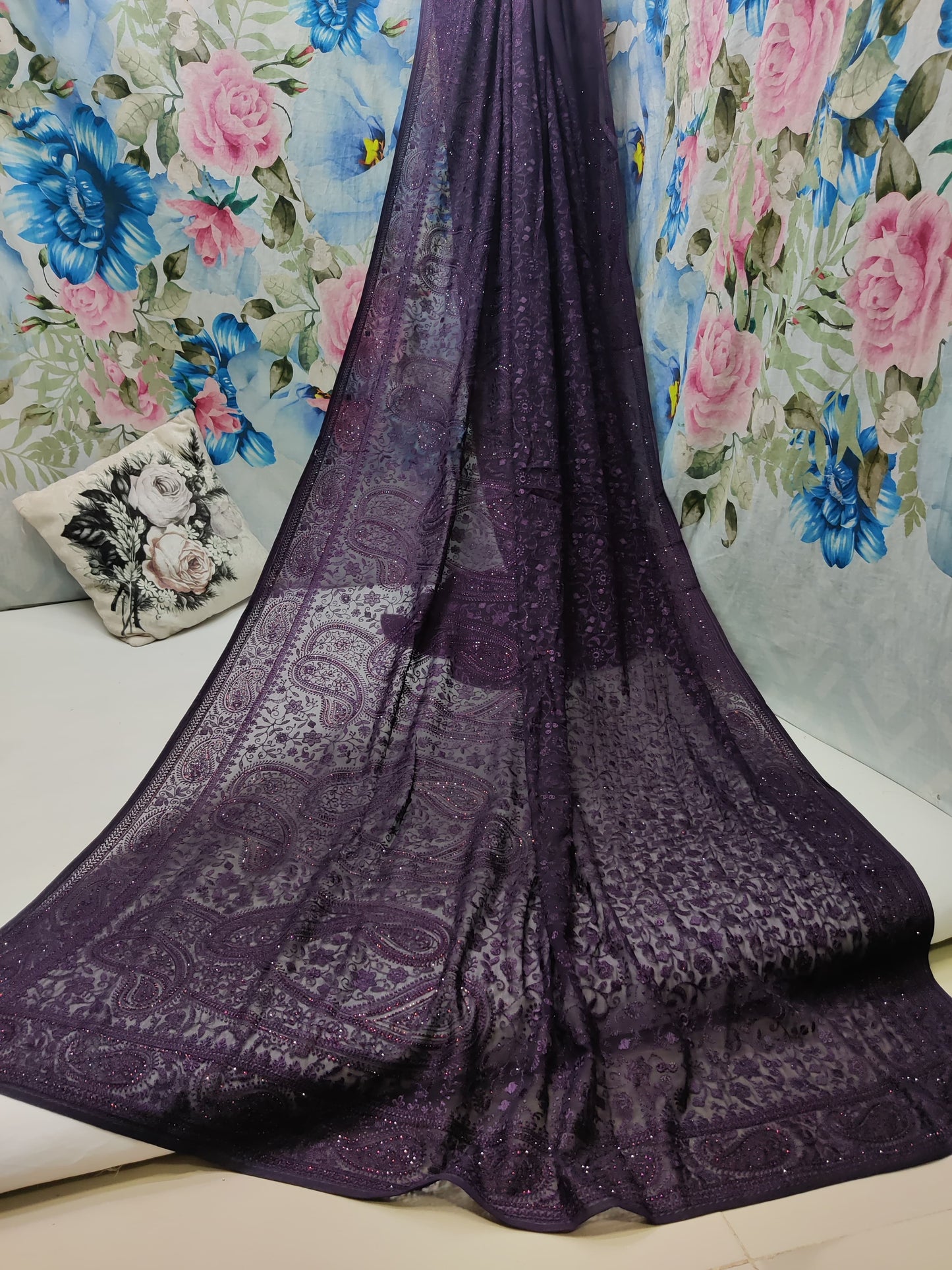 Paisley inspired Chikankari saree gorgette saree blouse - Saffronfashionindia