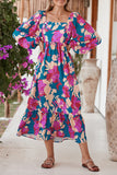 Multicolor Boho Floral Print Square Neck Ruffle Maxit Dress