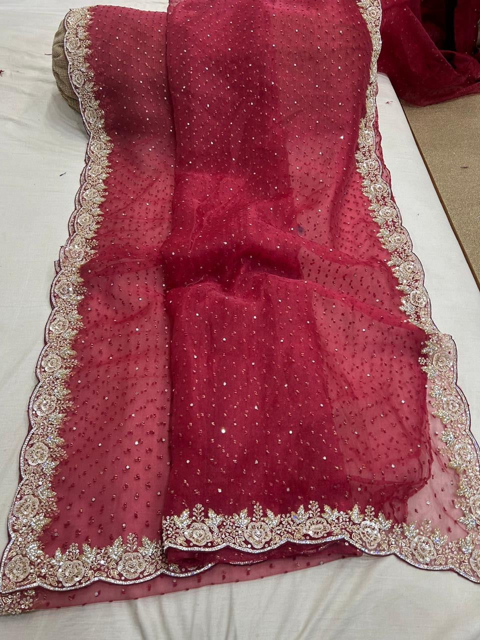 Partywear Red Organza Saree Indian saree - Saffronfashionindia