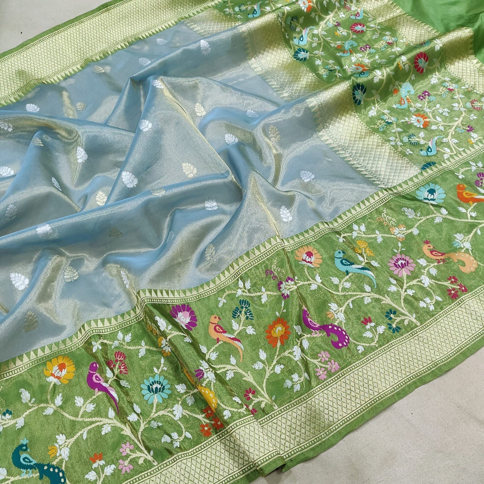 pure Tissue Handwoven silver gold Zari saree - Saffronfashionindia