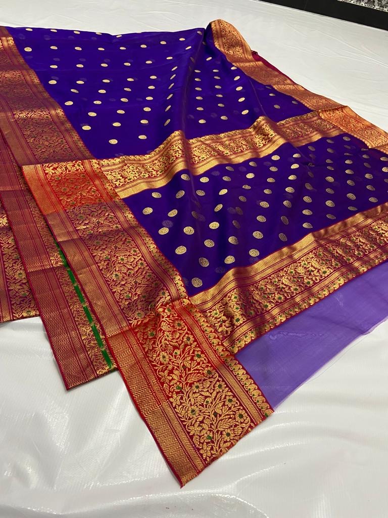 Chanderi purple Saree Golden bordered saree - Saffronfashionindia