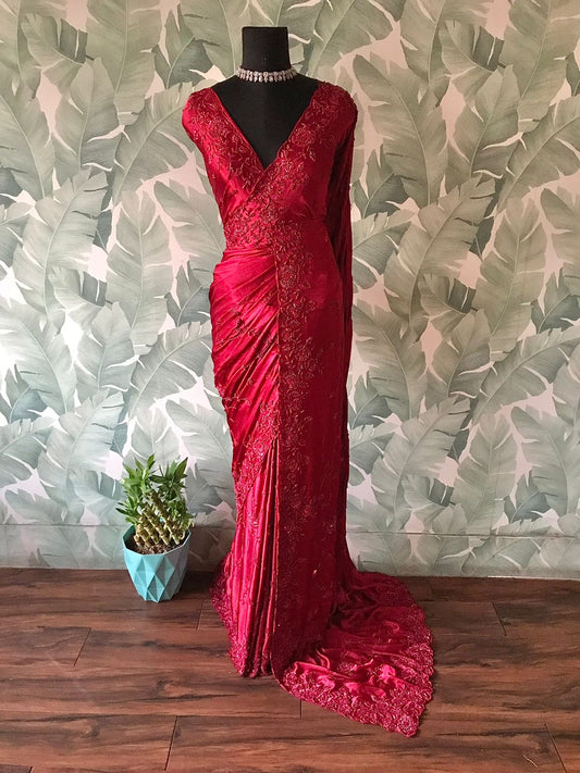 Red Marron luxuer premium silk saree Saffronfashionindia