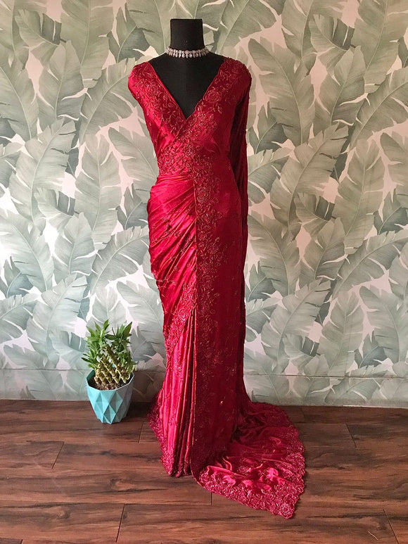 Red Marron luxuer premium silk saree Saffronfashionindia