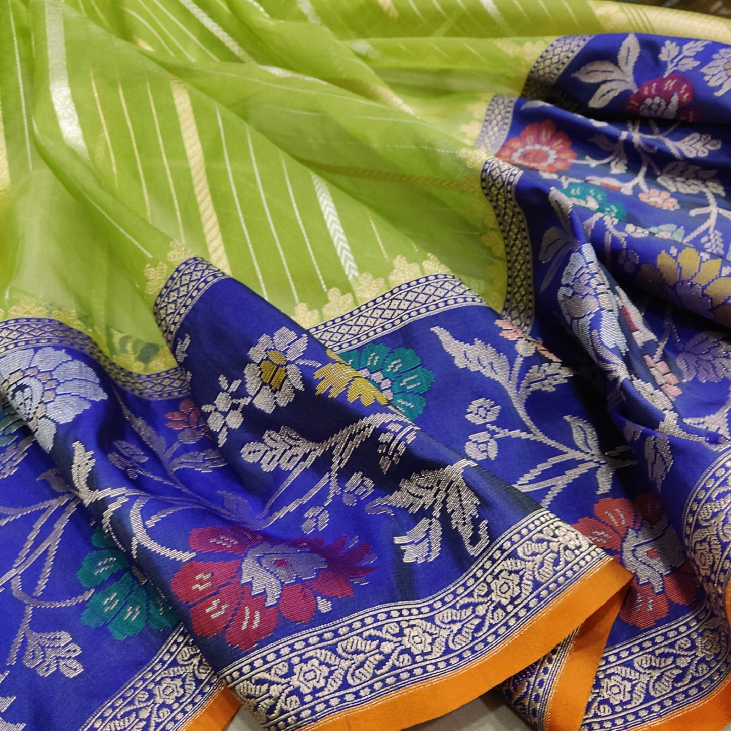 Green Kora Handwoven Saree zari sari - Saffronfashionindia