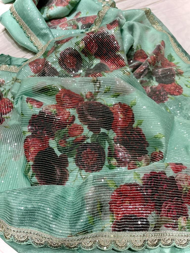 Digitally printed organza floral sarees - Saffronfashionindia