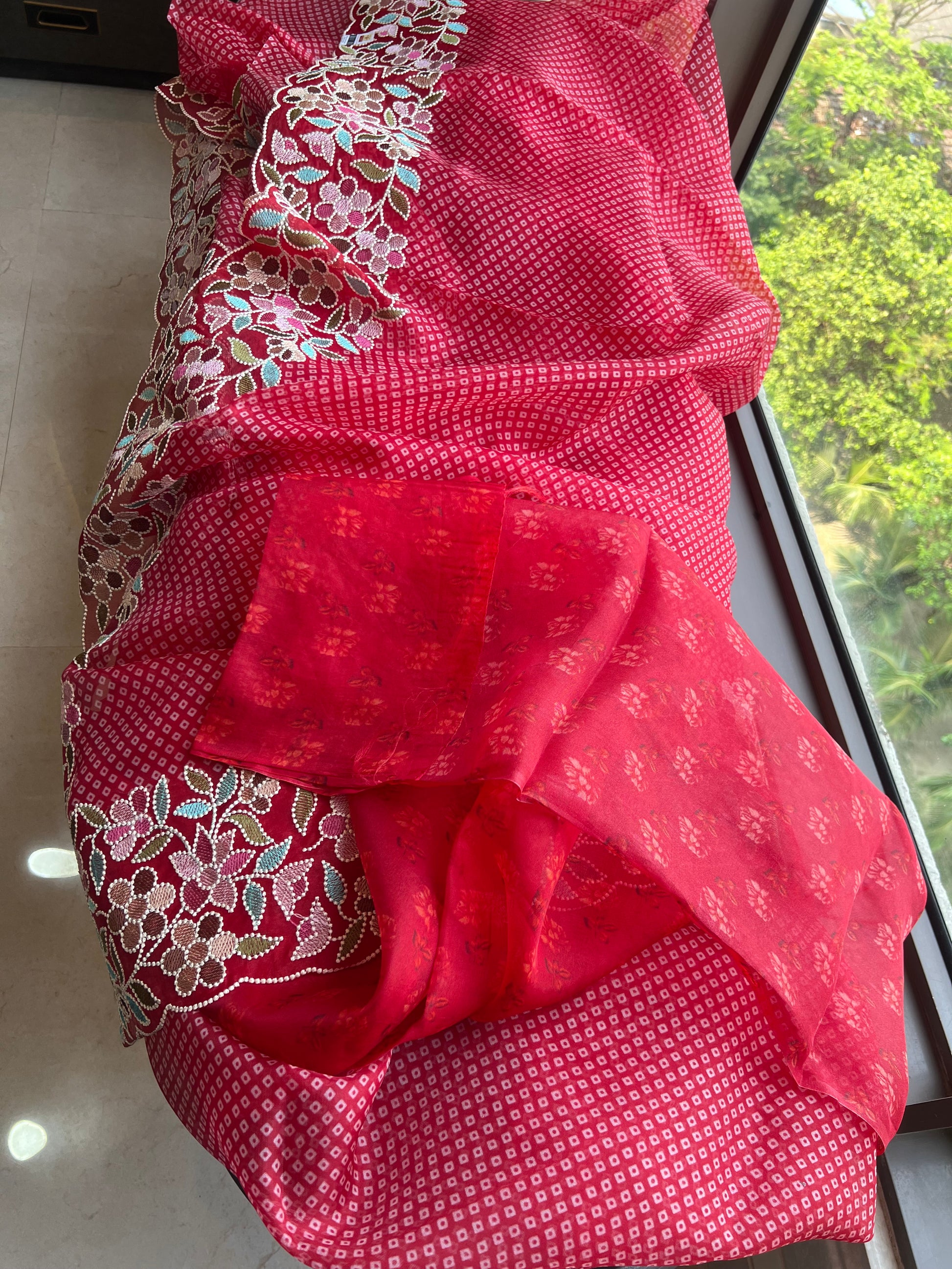 Red Organza Saree Thread Embroidery Work Sarees - Saffronfashionindia