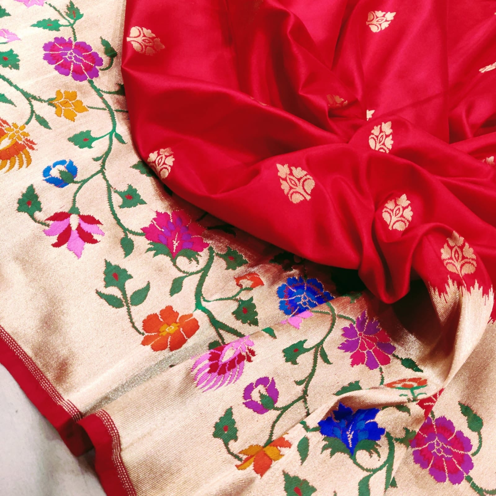 Red Katan handwoven silk saree - Saffronfashionindia