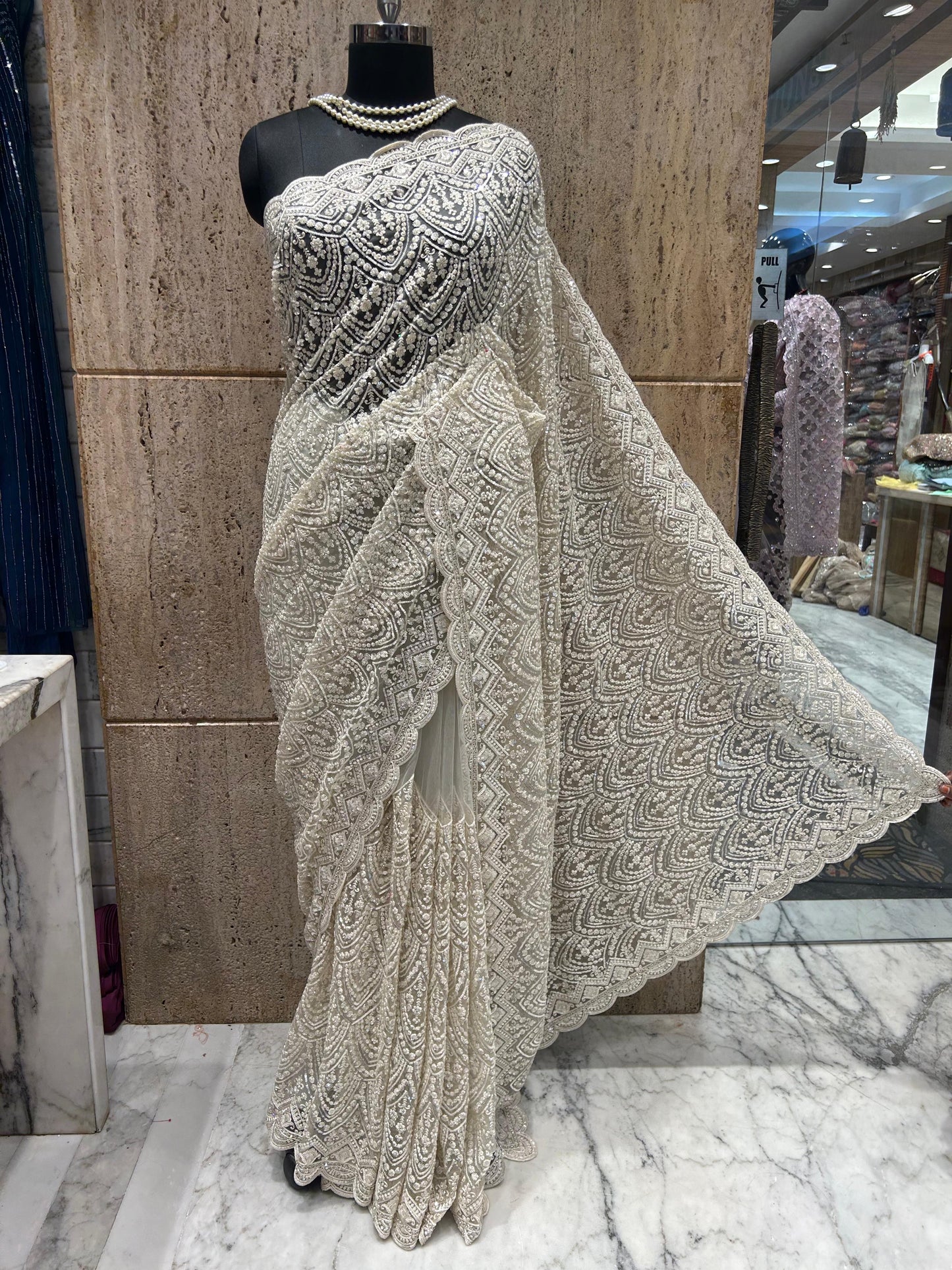 Royal white saree designer saree Indian wedding sarees blouse SaffronFashion