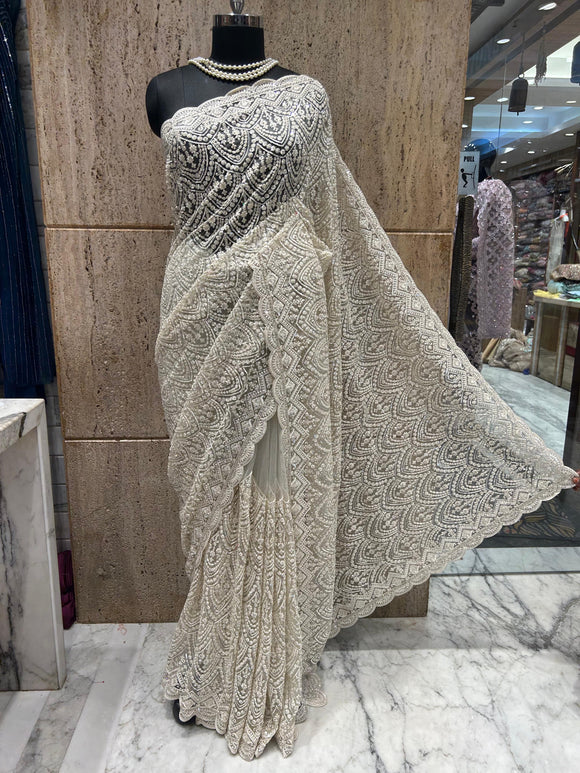 Royal white saree designer saree Indian wedding sarees blouse SaffronFashion