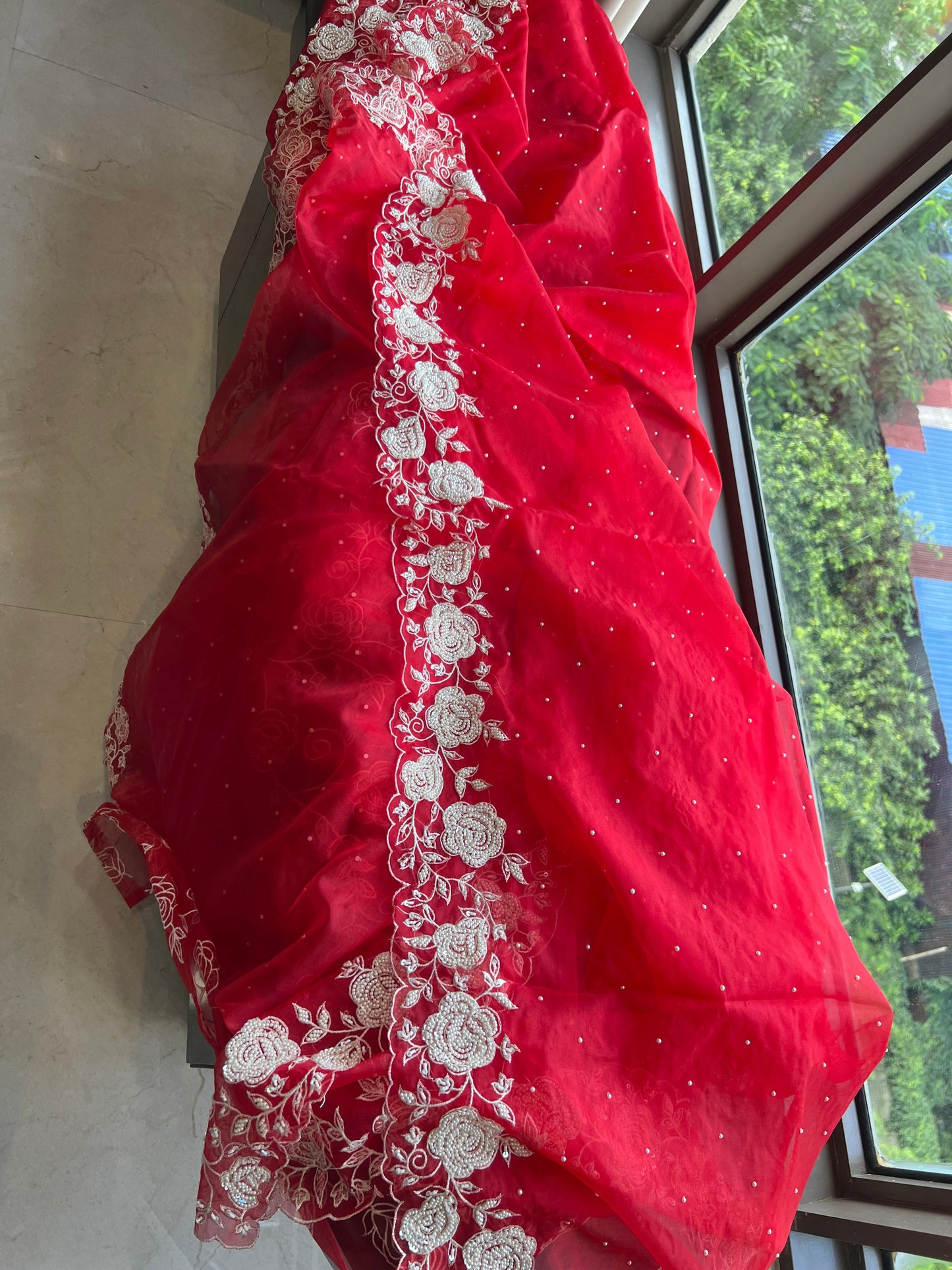 Red pearl bridal saree organza saree reception saree blouse SaffronFashion