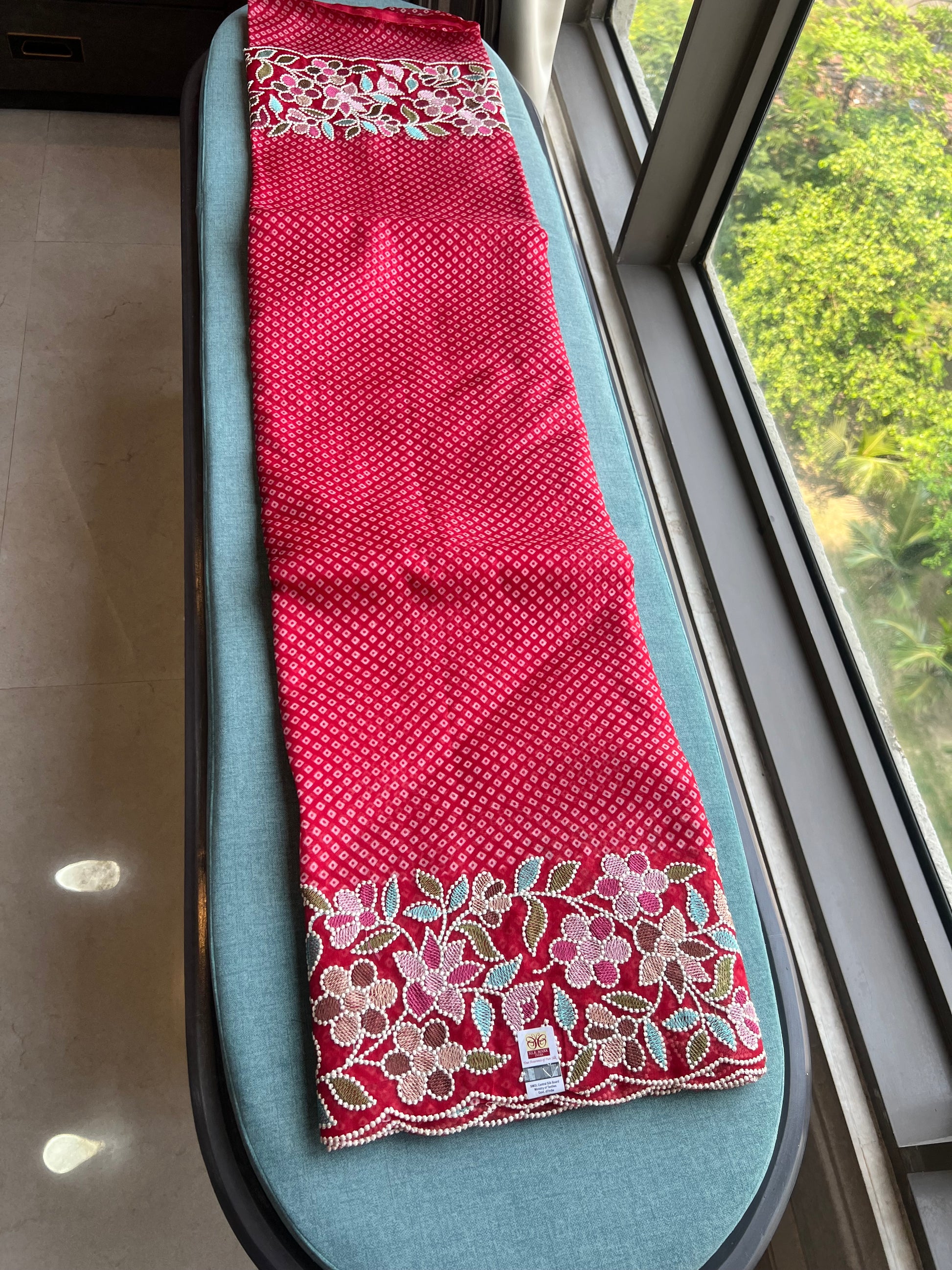 Red Organza Saree Thread Embroidery Work Sarees - Saffronfashionindia