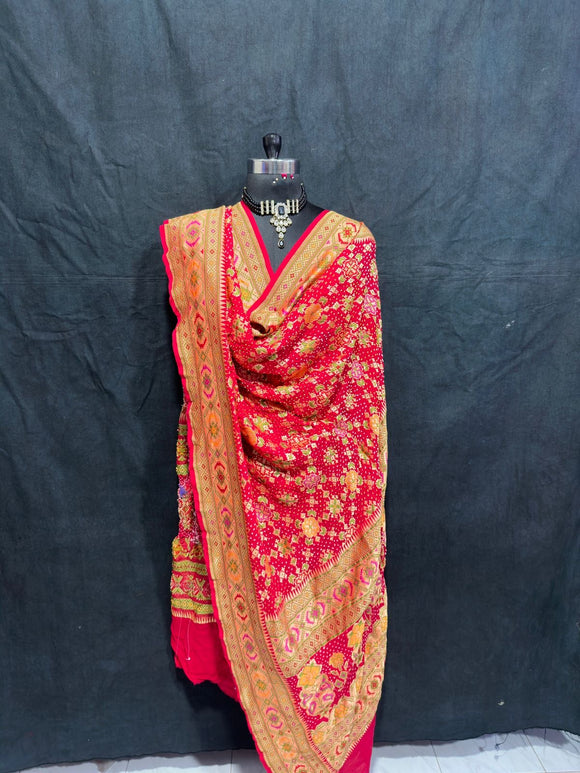 Red Alfi zari Banarsi Bandhani Dupatta